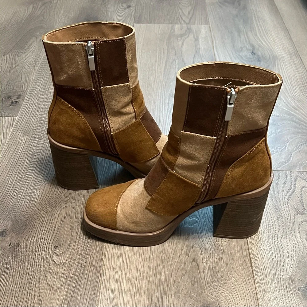 Brown and tan patchwork heeled boots - Picture 2 of 8